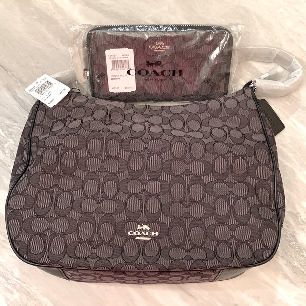 NWT Coach zip shoulder bag AND wallet in signature black jacquard